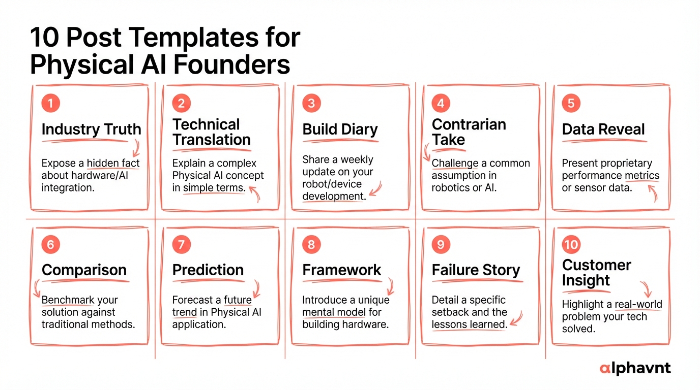 Summary grid of 10 LinkedIn post templates for physical AI founders organized by content pillar: Industry Truth, Deep Tech Deconstruction, and Framework Teaching