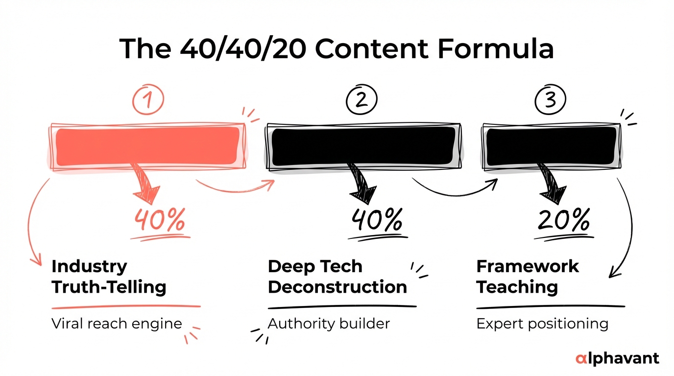The 40/40/20 content pillar framework: Industry Truth-Telling at 40 percent for viral reach, Deep Tech Deconstruction at 40 percent for authority, and Framework Teaching at 20 percent for expert positioning