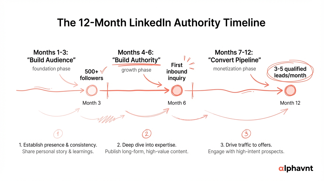 The 12-month LinkedIn content flywheel for hardware founders: months 1-3 build audience, months 4-6 build authority, months 7-12 convert pipeline with specific milestones at each phase