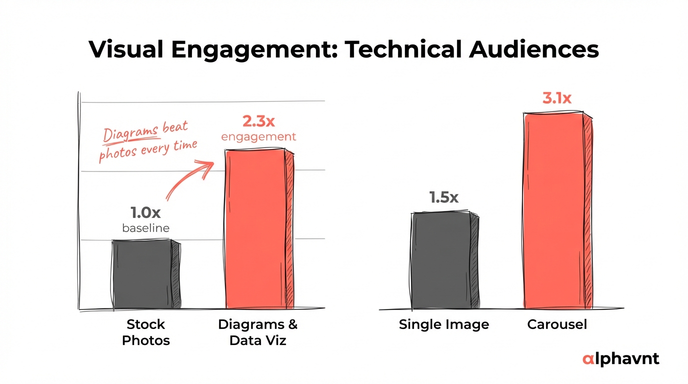 Engagement comparison for technical audiences: diagrams and data visualizations outperform stock photos by 2.3x, with carousel format delivering 3.1x engagement versus single images