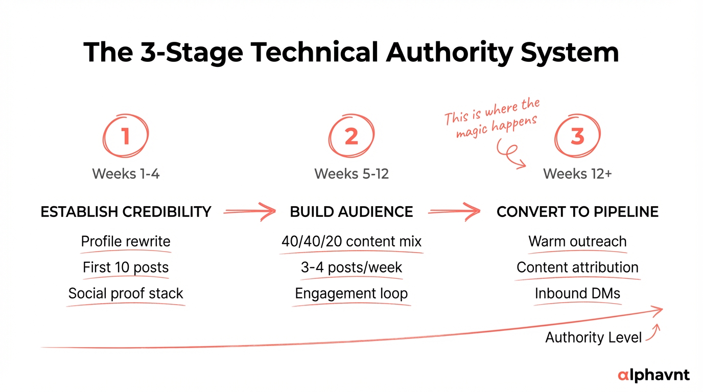 Three-stage authority system diagram showing the progression from establishing domain credibility in weeks 1 through 4 to building an engaged audience in weeks 5 through 12 to converting attention to pipeline from week 12 onward