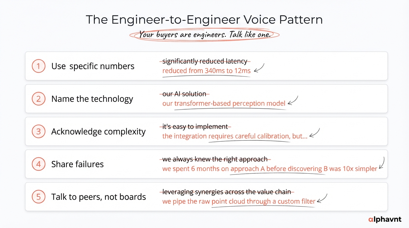 Side-by-side comparison of marketing voice versus engineer-to-engineer voice on the same topic, showing how specific numbers and named technologies create more credible and engaging content