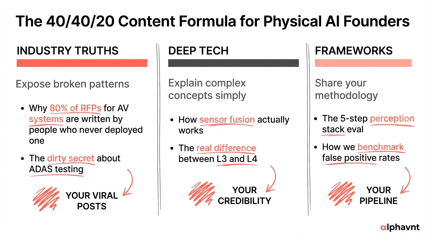 Five hook templates for physical AI founders with examples showing the before and after of generic hooks transformed into domain-specific hooks that signal expertise