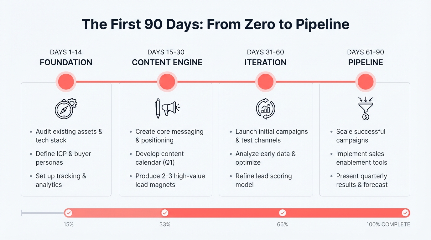 Visual timeline of the first 90 days of B2B tech marketing: Days 1-14 for foundation and positioning, Days 15-30 for launching and iterating content, Days 31-60 for pattern recognition, and Days 61-90 for measurable pipeline impact