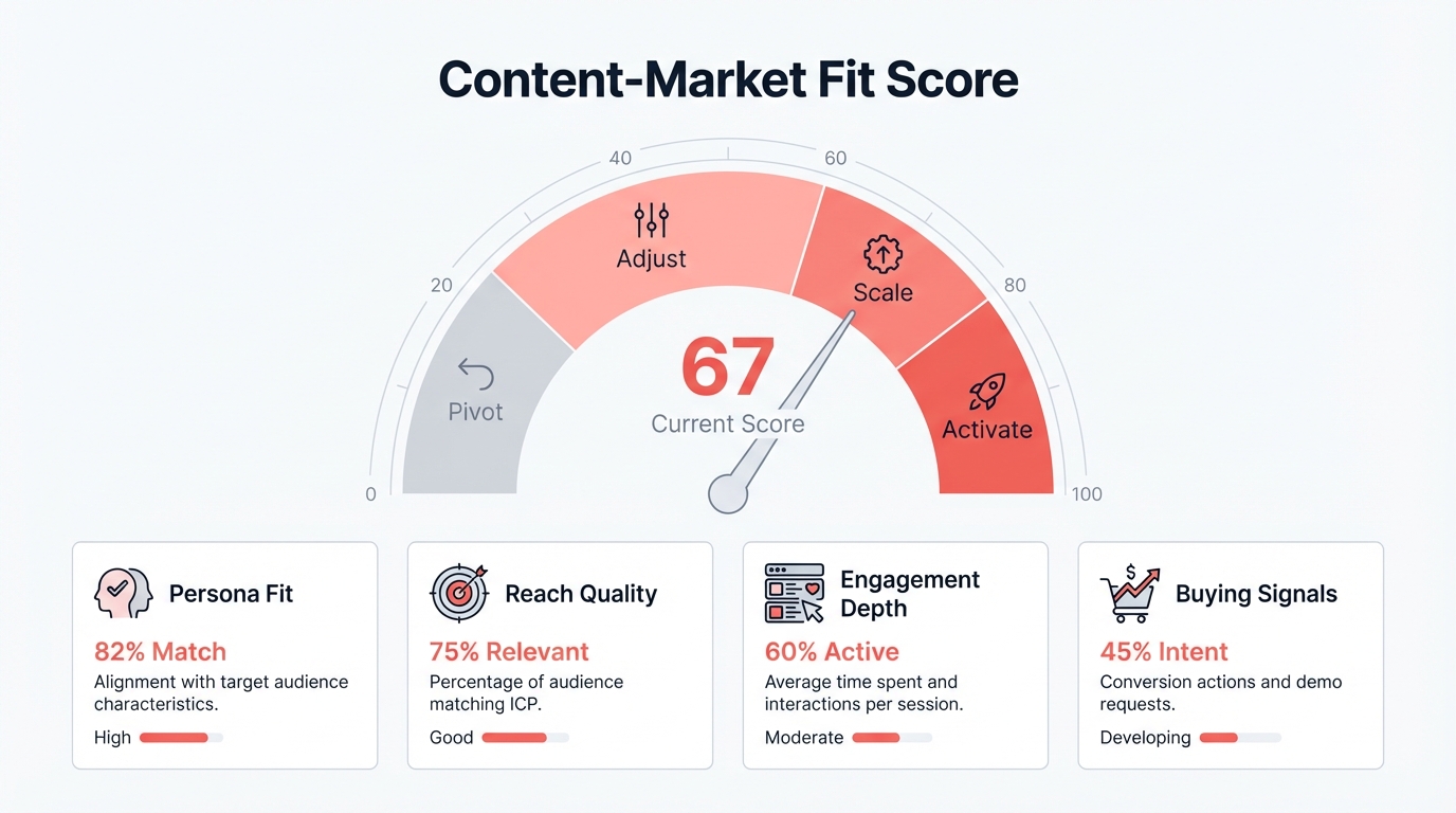 Content-Market Fit score meter showing the CMF scoring scale, where scores above 60 correlate with 2-3x more inbound pipeline compared to scores below 40