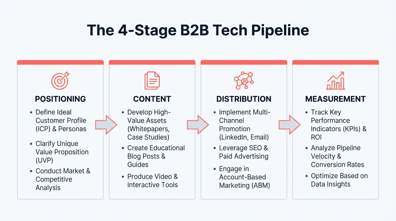 The 4-stage marketing pipeline for tech founders: Positioning defines your market message, Content turns expertise into assets, Distribution gets it in front of buyers, and Measurement closes the feedback loop