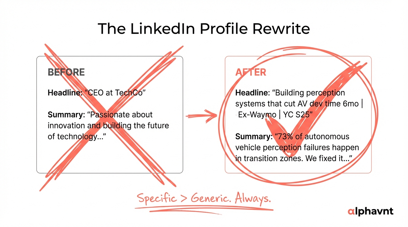 Before and after comparison of a YC founder LinkedIn profile showing an optimized headline with clear value proposition and credibility signals versus a generic CEO title