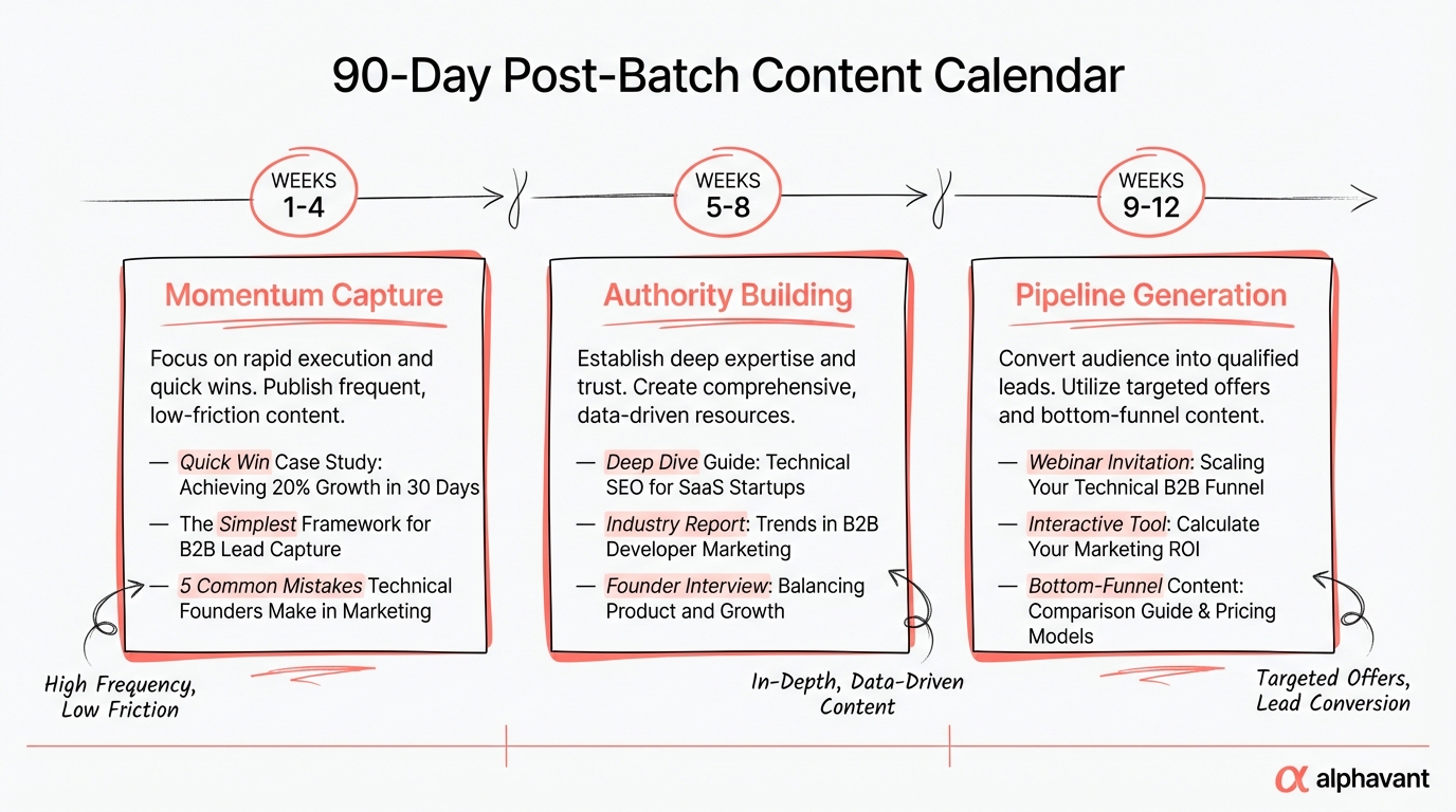 12-week visual content calendar divided into three phases: Momentum Capture in weeks 1-4, Authority Building in weeks 5-8, and Pipeline Generation in weeks 9-12