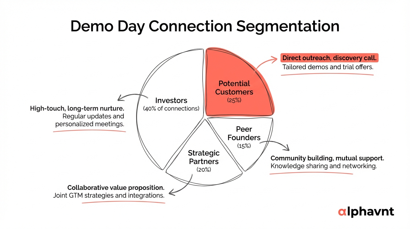 Diagram showing how to segment 3,000 Demo Day connections into four categories: investors, potential customers, strategic partners, and peer founders, with different engagement strategies for each