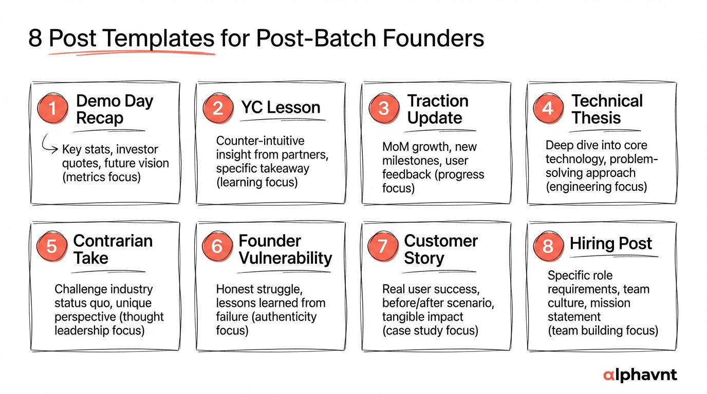 Overview grid showing all 8 post templates organized by phase: Demo Day Recap, YC Lesson, Traction Update, Technical Thesis, Contrarian Take, Founder Vulnerability, Customer Story, and Hiring Post